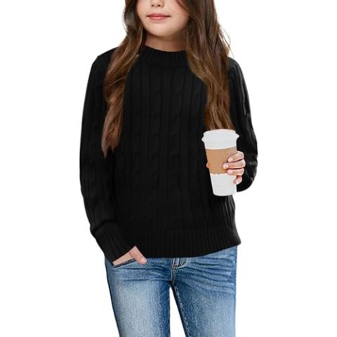 Girls' Casual Long Sleeve Cable Knit Pullover Crew Neck Sweater