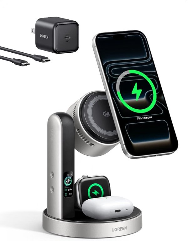 UGREEN Magflow Pro 25W Qi2.2-Certified 3-in-1 Wireless Charging Station