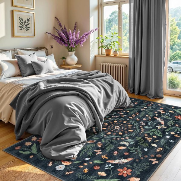 Lahome Washable Botanical Insect Pattern Area Rug 5x7 Non-Slip Faux Wool for Living Room Bedroom