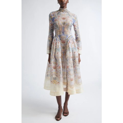 Rebellion Long Sleeve Beaded Linen & Silk Midi Dress