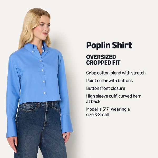 Amazon Essentials Amazon Essentials Women's Oversized Fit Cropped Cotton Stretch Poplin Button-Down Shirt