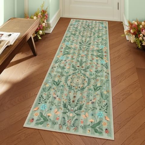 Lahome Washable Boho Botanical 2x6 Runner Rug Non-Slip Faux Wool