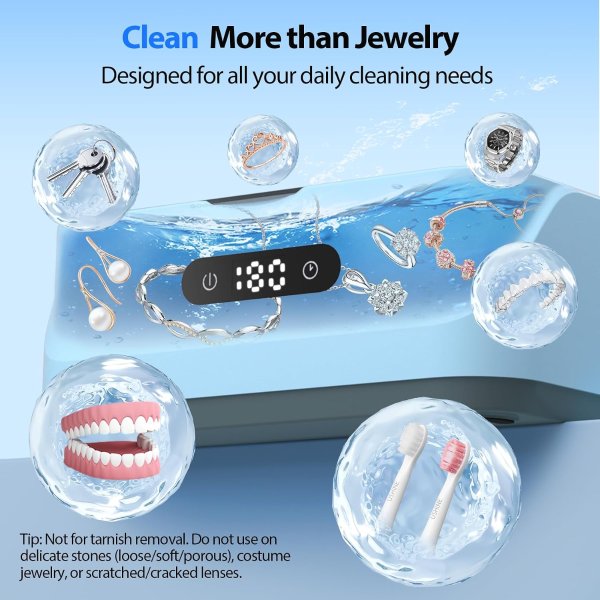 Klivvio Ultrasonic Jewelry Cleaner 48kHz Portable 13.5oz for Home and Travel