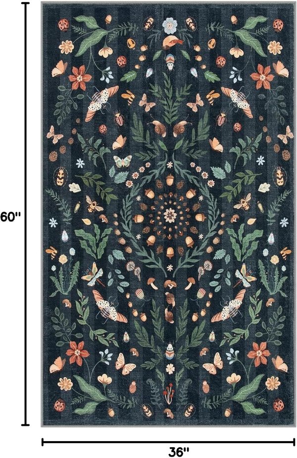 Lahome Washable Botanical Insect Area Rug 3x5 Non-Slip Low Pile Faux Wool