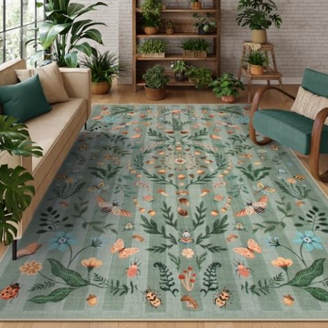 Lahome Washable Insect Botanical 8x10 Area Rug Non-Slip Soft Faux Wool for Living Room Bedroom