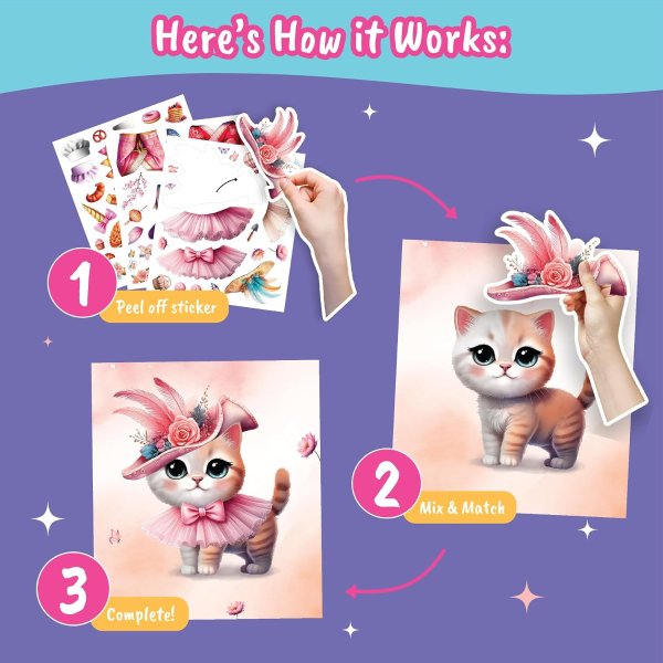 BSCOOL Sticker Dress Up Book for Girls Kitten Activity 300+ Reusable Stickers Ages 5-8