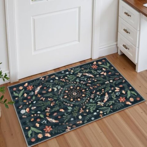 Lahome Washable Boho Botanical 2x3 Area Rug Non-Slip Faux Wool Mat for Entryway