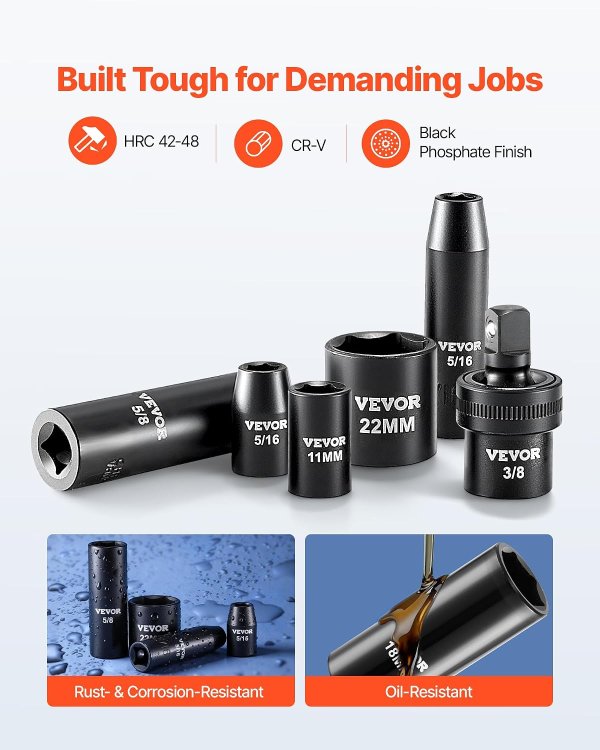 VEVOR 3/8" Drive Impact Socket Set 50-Piece Deep & Shallow Kit