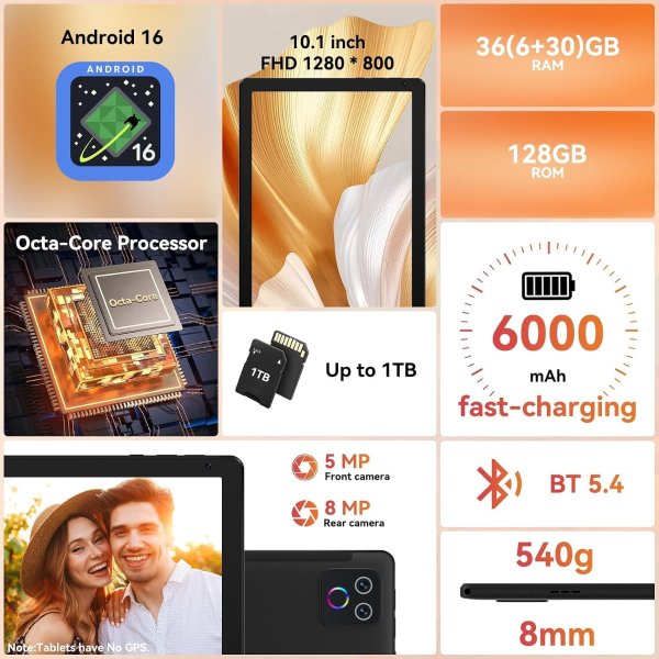 URAO 10.1英寸 Android 16 八核平板 36GB+128GB 双摄