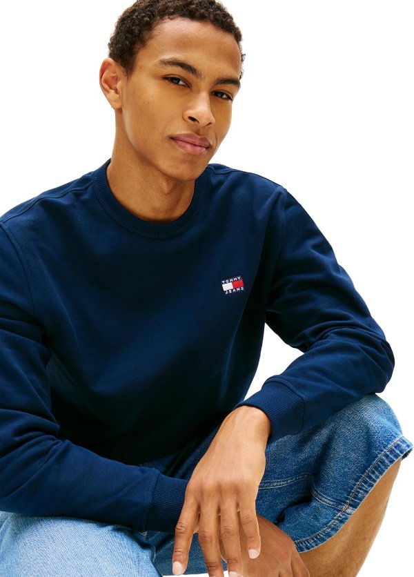 Tommy Jeans Men's Medium Weight Crewneck Sweatshirt with Embroidered Flag Logo