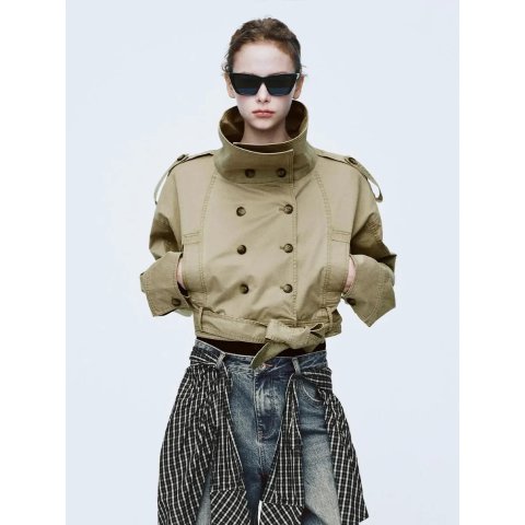 URban RevivoURBAN REVIVO Double Breasted Belted Cropped Cotton Jacket