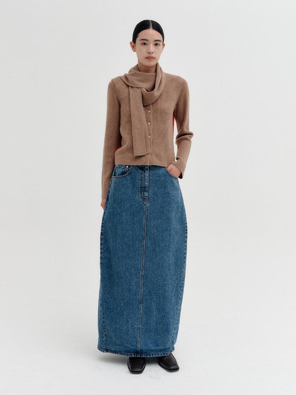 Curved Line Long Denim Skirt