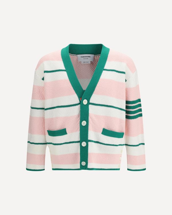 THOM BROWNE Classic Stripe Seed Stitch V Neck Cardigan