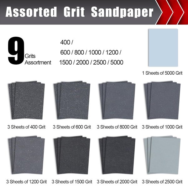 BOSHCRAFT 9"x11" Wet Sandpaper Assortment 25 Pack (400-5000 Grit)