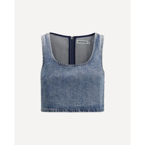 Self-PortraitSELF-PORTRAIT Rhinestone Denim Crop Top