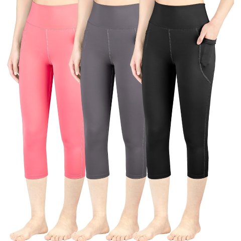 BIG ELEPHANT 3-Pack Girls High Waist Capri Leggings with Pocket