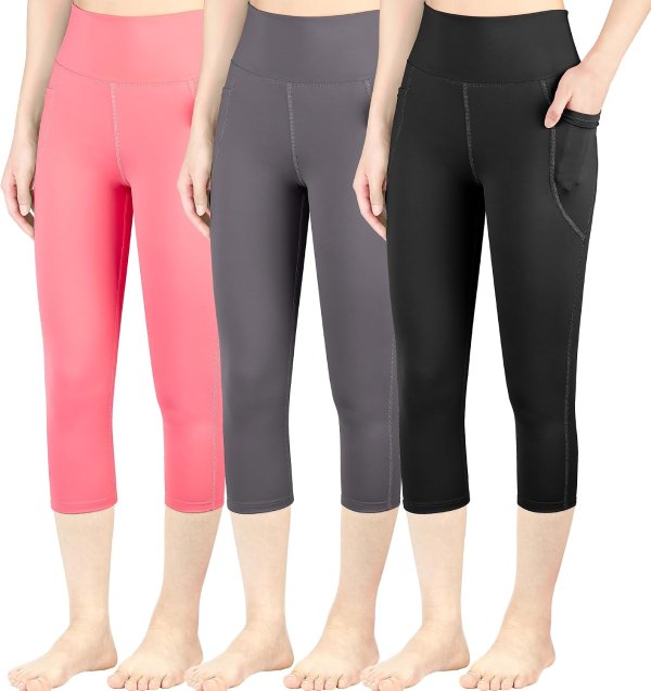 BIG ELEPHANT 3-Pack Girls High Waist Capri Leggings with Pocket