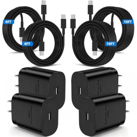 25W Super Fast Charger Type C 4-Pack with 2x6ft & 2x10ft USB-C Cables for Samsung Galaxy S26 Ultra/S25 Plus/S24+/S24 Ultra/S23/S22 Plus/S21/Note 20/Note10+