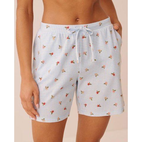 La Vie En Rose Gingham Floral Print Cotton Pajama Bermuda Shorts