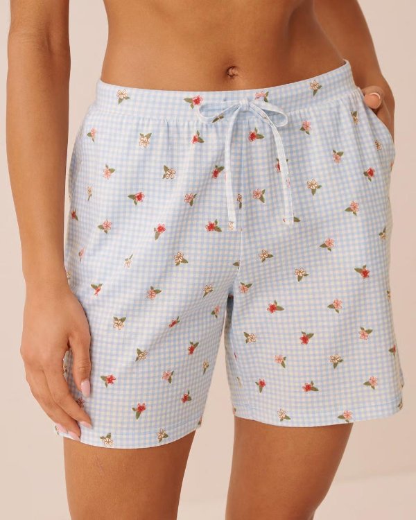 La Vie En Rose Gingham Floral Print Cotton Pajama Bermuda Shorts