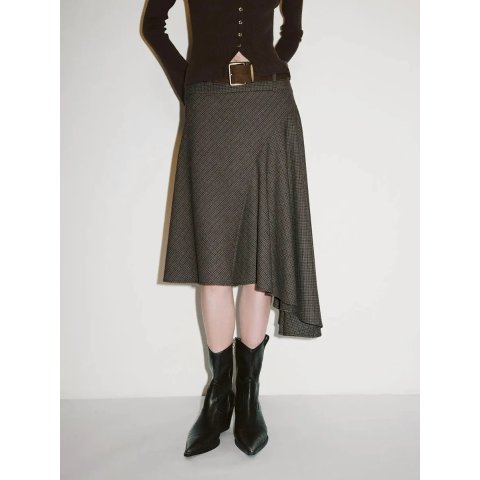 URBAN REVIVO Belted Checked Asymmetric Hem A-Line Skirt