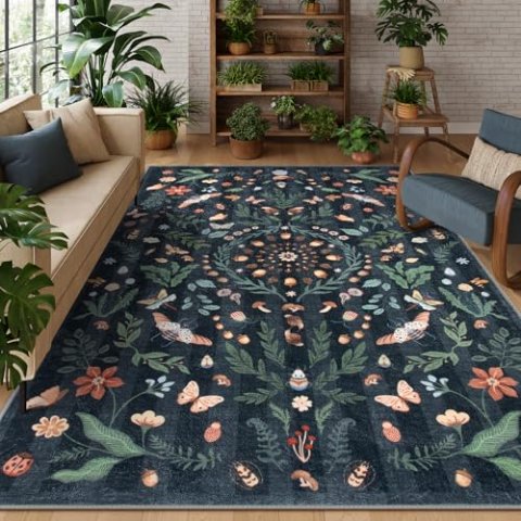 Lahome Washable Botanical 8x10 Area Rug for Living Room Non-Slip Faux Wool Carpet