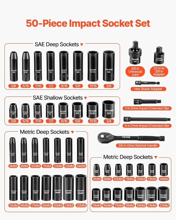 VEVOR 3/8" Drive Impact Socket Set 50-Piece Deep & Shallow Kit