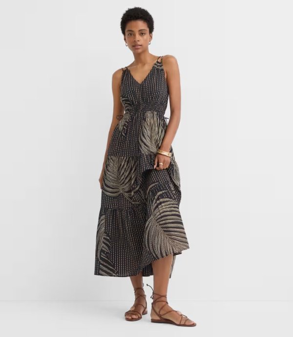 Palm Tie Cutout Midi Pocket Dress with Pockets