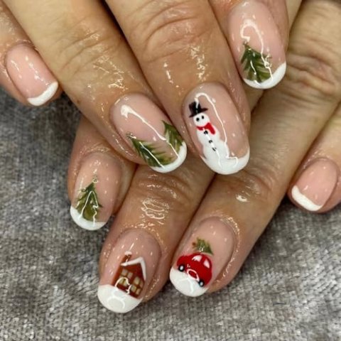 圣诞雪人美甲贴片 法式中长杏仁款 24片