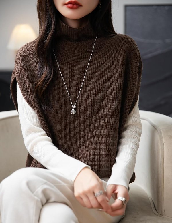 美利奴羊毛混纺女式高领无袖针织马甲