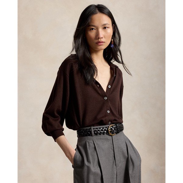 Polo-Collar Wool Blouson Cardigan