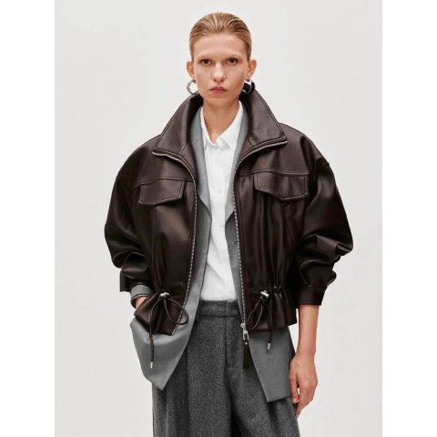 URban RevivoURBAN REVIVO Lapel Collar Drawstring Faux Leather Bomber Jacket