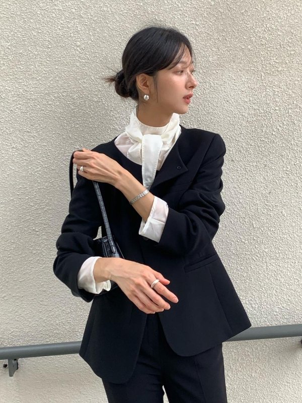 Collarless Classic Jacket Herringbone 4-Way Stretch