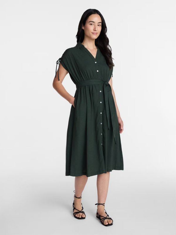 Women's Short Sleeve Linen Midi Shirt Dress XS-XXXL