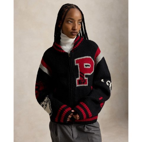 Wool-Blend Letter Zip Cardigan