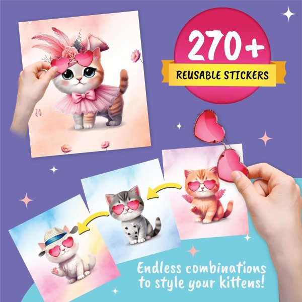 BSCOOL Sticker Dress Up Book for Girls Kitten Activity 300+ Reusable Stickers Ages 5-8