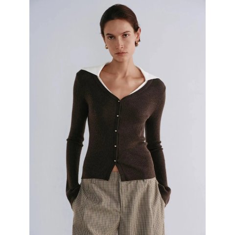 URban RevivoURBAN REVIVO Ribbed Contrast Collar Button Front Knit Jacket