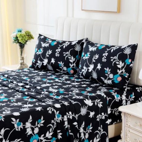 ChicView Queen Size Floral Printed Microfiber Sheet Set 4 Pieces Boho Deep Pockets