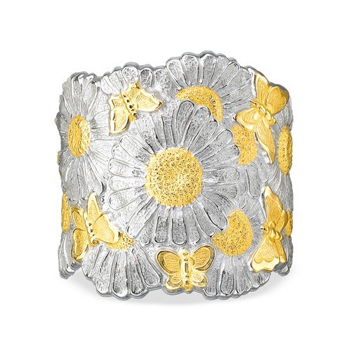 Blossoms Vermeil Daisy and Butterfly Cuff Bracelet in Silver and Yellow Vermeil