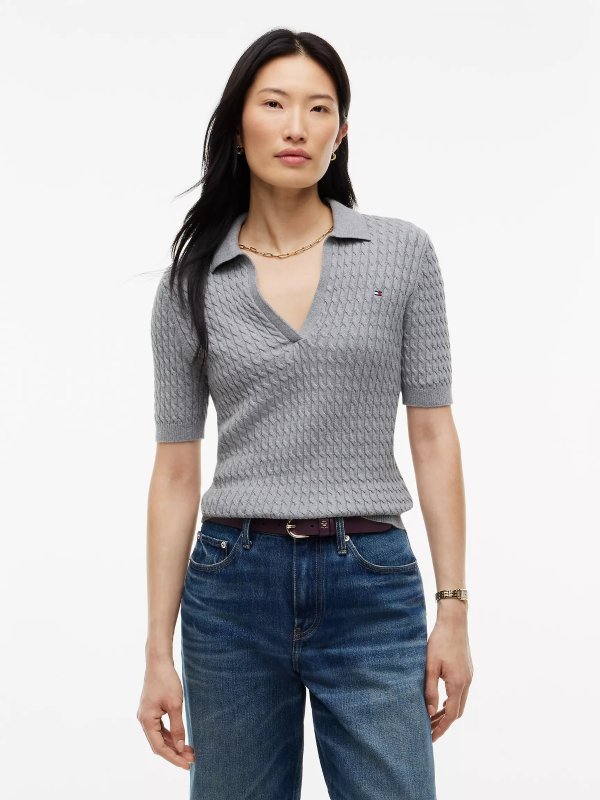  Short-Sleeve Cable Knit Sweater Polo