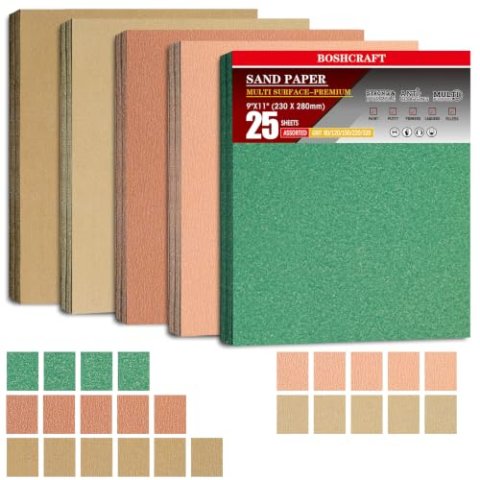 BOSHCRAFT 25 PCS 9"x11" Assorted Sandpaper for Wood Metal Hand Sander, 80/120/150/220/320 Grit, Multi-Purpose
