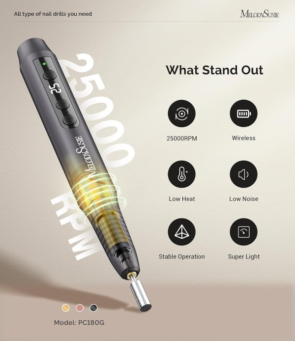 MelodySusie PC180G Portable Cordless Nail Drill 25000RPM with LED Display