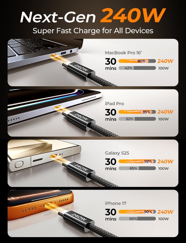  240W Short USB C to USB C Cable 1.5FT 2-Pack