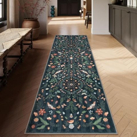 Lahome Washable Insect Botanical Runner Rug 2'6"x10' Non-Slip Faux Wool