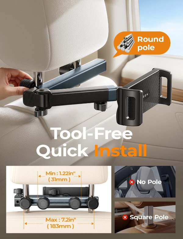 Lisen iPad Holder for Car 4-in-1 Adjustable Arm Back Seat Tablet Mount
