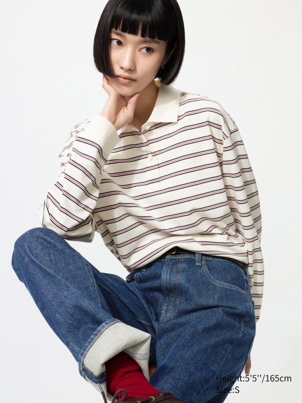 女士长袖条纹POLO衫