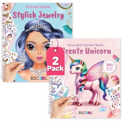 BSCOOL Reusable Sticker Book for Kids Jewelry & Unicorn 2-Pack