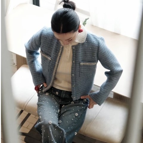贵气感藏蓝粗花呢融入细密亮片~~Maje 短款粗花呢夹克 蓝色亮片 女士