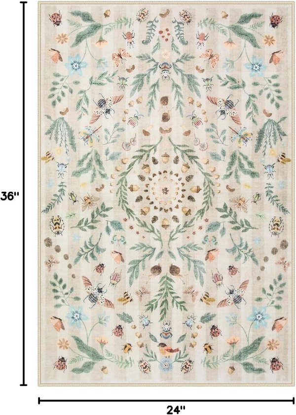 Lahome 2x3 Washable Botanical Faux Wool Area Rug Non-Slip Entryway Mat