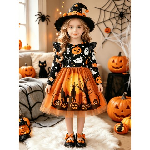 Kids Cartoon Mesh Long Sleeve Dress Halloween Christmas Party Outfit